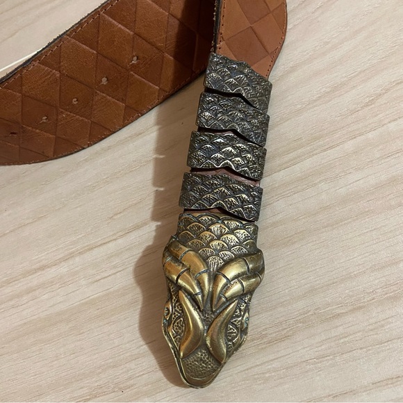 Brown Leather Belt Snake Brass Buckle & Scales Hook Sz 27-30 Small/Medium Boho - Picture 7 of 11